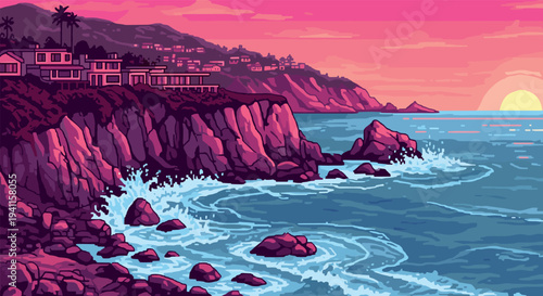Retro coastal sunset scene with pixel art style waves crashing on cliffs