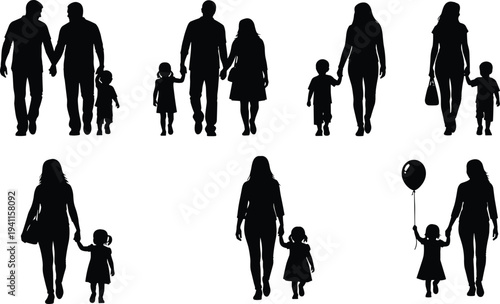 Black silhouette family icons, adults children walking together, parent guardian child figures, vector illustration, social relationship design elements graphics