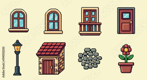 Charming pixel art windows, doors, and garden elements with retro design