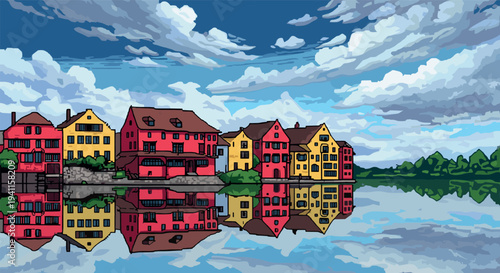Vibrant lakeside houses on a cloudy day reflecting in water