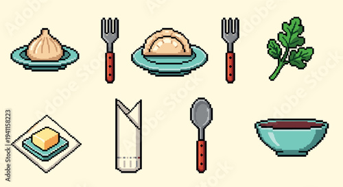 Pixel art dumplings and tableware collection with retro design elements