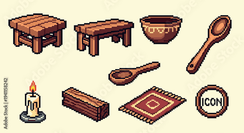 Rustic wooden and ceramic pixel art icons: furniture, utensils, and decor
