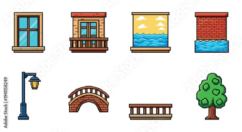 Pixel art windows and bridges: vibrant elements for retro game design