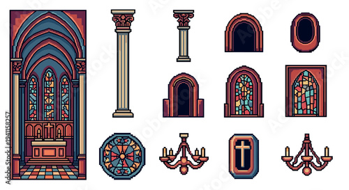 Pixel art medieval church elements with stained glass and architectural details