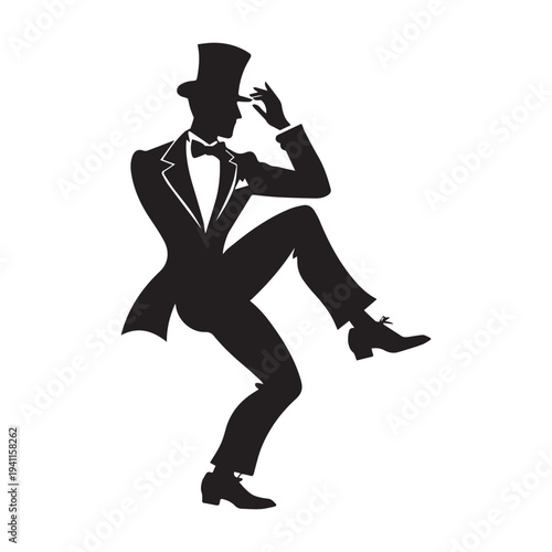 Elegant Silhouette of a Sophisticated Gentleman in Tuxedo and Top Hat Dancing.