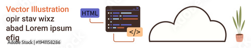 Cloud technology, web development, programming, network storage, modern business, information exchange. Visual shows a cloud icon, coding elements and a potted plant. Cloud technology and web