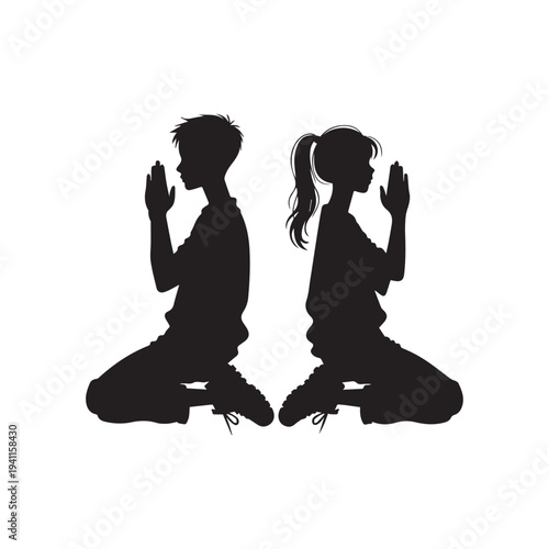 Man and Woman Praying Kneeling Silhouette Spiritual Faith Worship Vector Illustration Design. 