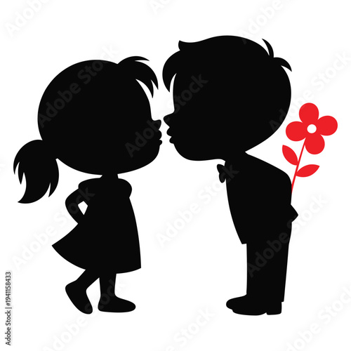 Boy and girl holding an apple in a loving couple silhouette with heart family vector illustration