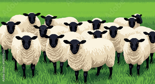 Pixel art sheep gathering on lush green pasture