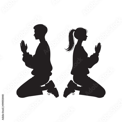 Man and Woman Praying Kneeling Silhouette Spiritual Faith Worship Vector Illustration Design. 