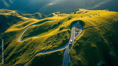 Aerial View Winding Mountain Road with Car, Warm Golden Light Glow, Vibrant Green Hills, Scenic Travel Adventure