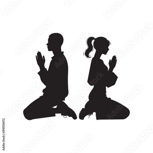 Man and Woman Praying Kneeling Silhouette Spiritual Faith Worship Vector Illustration Design. 