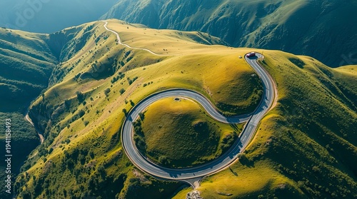 Aerial Top View Winding Mountain Road with Car, Sketch Style Textured Lines on White Background, Scenic Travel Concept