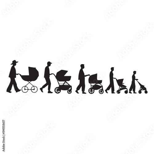 Silhouette Progressions of Parents Pushing Baby Strollers and Prams.