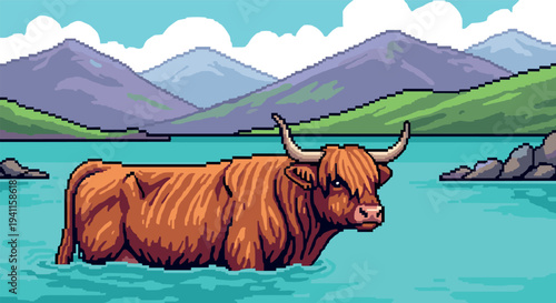 Highland cow in pixel art style standing in lake with mountain background