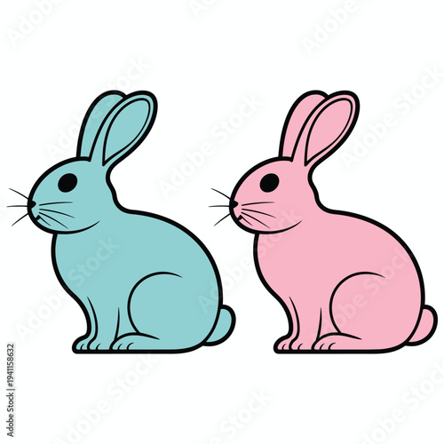 Two cute cartoon rabbits on white and blue backgrounds isolated vector illustration