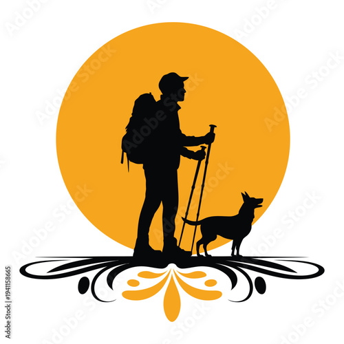 Silhouette of a man walking his dog on a leash in the park