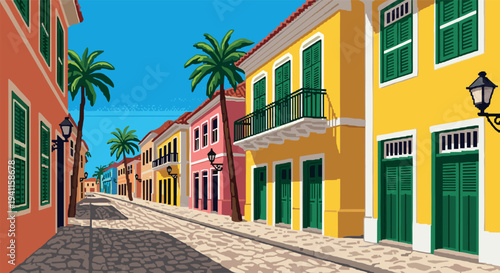 Colorful pixel art street with palm trees and colonial architecture