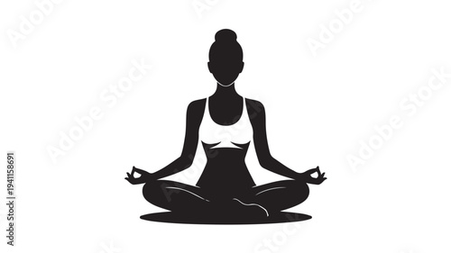 Woman meditating in lotus position with serene calmness in black silhouette on white background for wellness