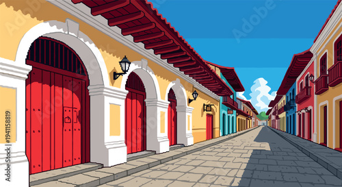 Colorful pixel art street scene with colonial architecture and bright clear sky
