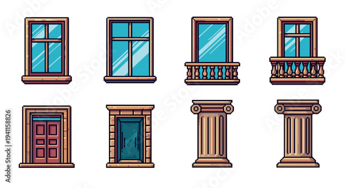 Classic architecture elements set: windows, doors, and columns in cartoon style