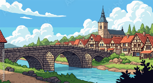 Charming medieval village with stone bridge and church in retro pixel art style