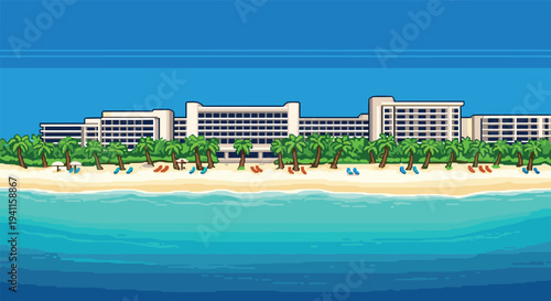 Retro pixel art beachfront hotel with palm trees and lounge chairs