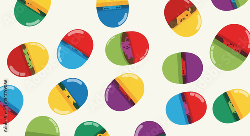 Colorful Capsule Toys Scattered on White Background, Playful Surprise Elements