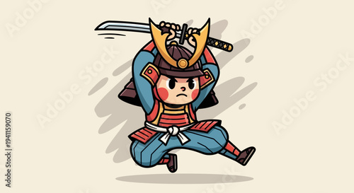 Cute Cartoon Samurai Warrior with Katana Sword, Japanese Warrior Character
