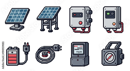 Pixel art renewable energy icons: solar panels, battery, power cable, control box