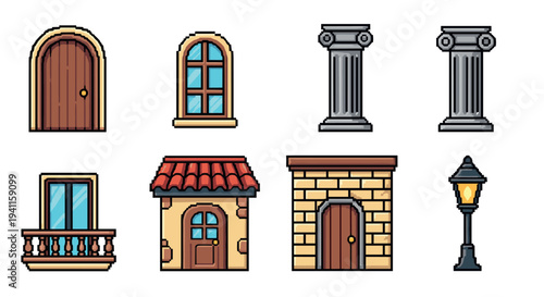 Pixel art architectural elements: doors, windows, and columns in retro style