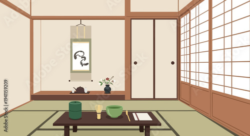 Japanese Tea Ceremony Room Interior with Tatami Mats and Scroll