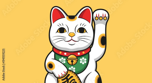 Lucky Cat Maneki Neko Waving Paw for Good Fortune, Japanese Culture Icon