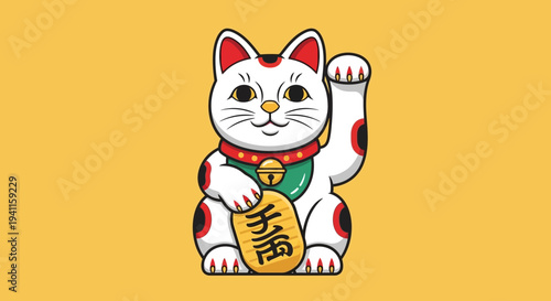 Lucky Cat Maneki Neko Waving Paw for Good Fortune, Japanese Culture Icon