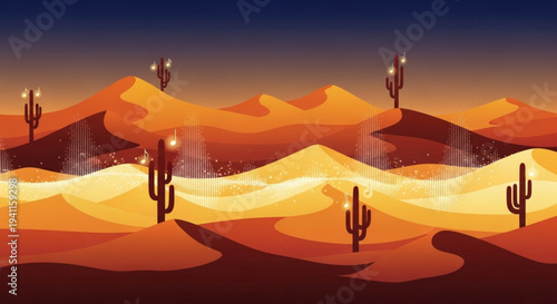 Desert landscape with cacti and mountains at sunset warm lighting arid environment nature background