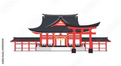 Traditional Japanese Shrine with Red Torii Gate, Architectural Landmark