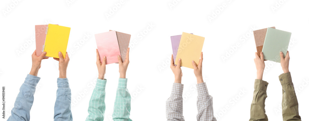 Fototapeta premium Many hands with notebooks on white background