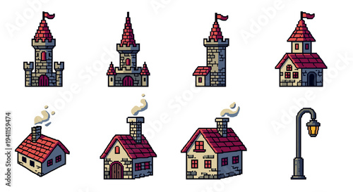 Charming pixel art medieval buildings with red roofs and flags