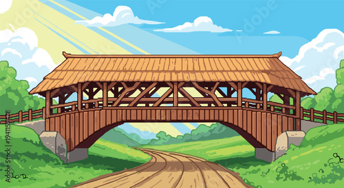 Charming pixel art wooden bridge over country road in sunny rural landscape