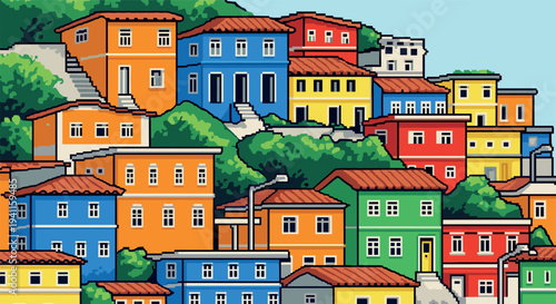 Colorful pixel art houses on a hillside with lush greenery