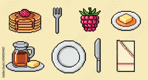 Pixel art breakfast set with pancakes and berries