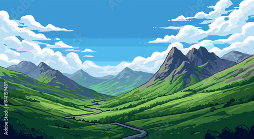 Pixel art scenic mountain landscape with cloudy sky in vivid colors