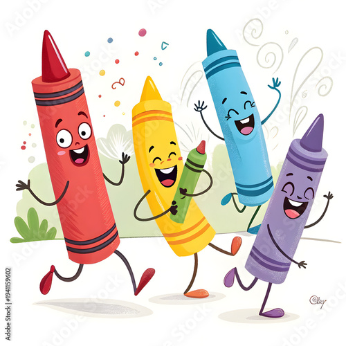 Friendly colorful crayon characters in bright colors, simple cartoon style illustration for children learning materials