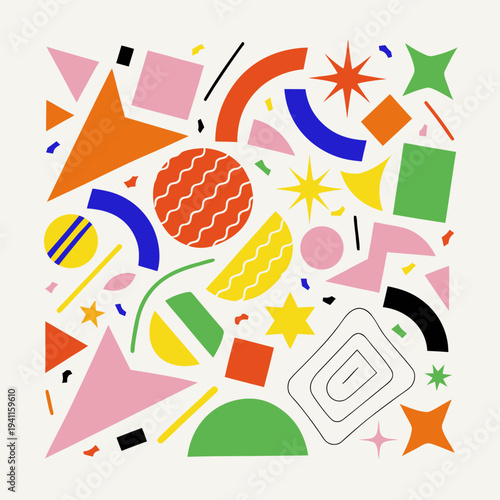 Assorted brightly colored geometric shapes and abstract forms create a vibrant terrazzo-like pattern on a light background.