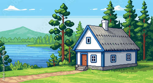 Quaint pixel art cottage by a serene lake with pine trees and mountain view