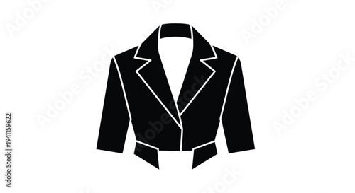 Fashionable black cropped blazer with a wide notched lapel and three-quarter sleeves, a chic and modern layering piece for women's outfits.