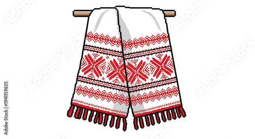 Pixel art traditional towel with ethnic red pattern design