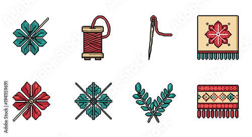 Pixel art embroidery icons: colorful stitch, needle, and thread designs