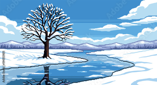 Pixel art winter landscape with snowy tree and frozen river