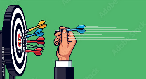 Pixel art hand throwing darts at target on green background